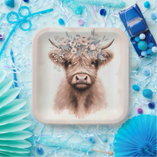 Boho Highland Cow mit Bridal Floral Crown Pappteller (Party)