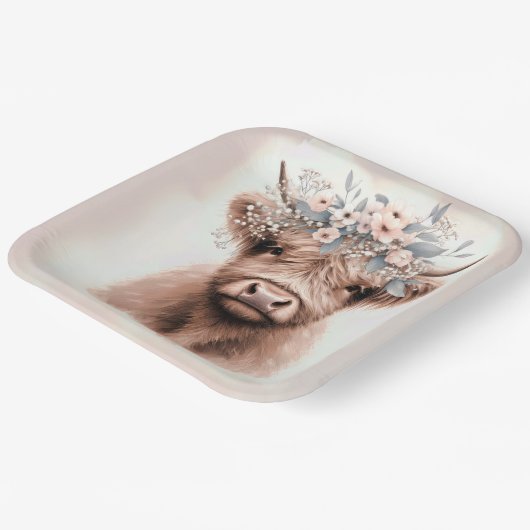 Boho Highland Cow mit Bridal Floral Crown Pappteller (Gewinkelt)