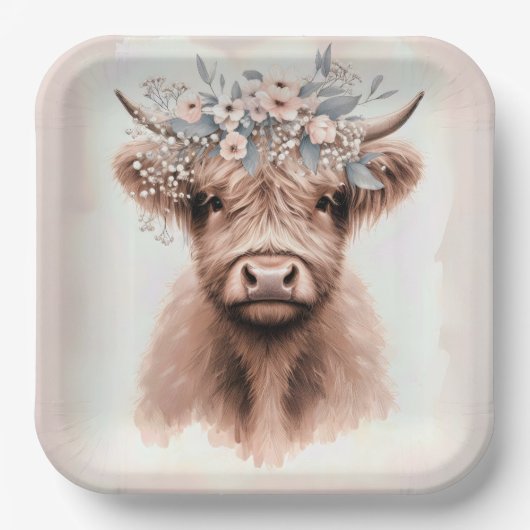 Boho Highland Cow mit Bridal Floral Crown Pappteller (Vorderseite)