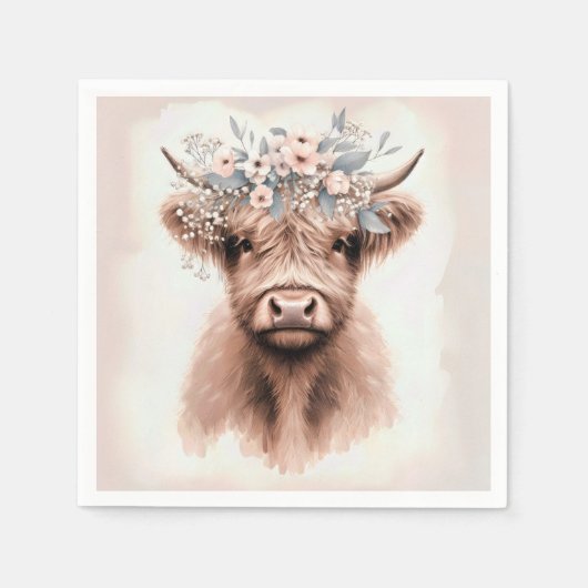 Boho Highland Cow mit Bridal Floral Crown Serviette (Vorderseite)