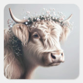 Boho Highland Cow mit Gipskraut Crown Quadratischer Aufkleber (Vorderseite)