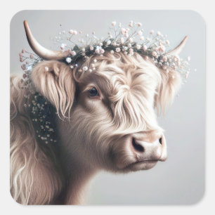 Boho Highland Cow mit Gipskraut Crown Quadratischer Aufkleber