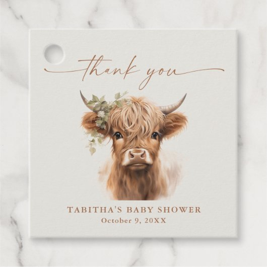 Boho Highland Cow Neutral Couples Baby Shower Geschenkanhänger (Vorderseite)