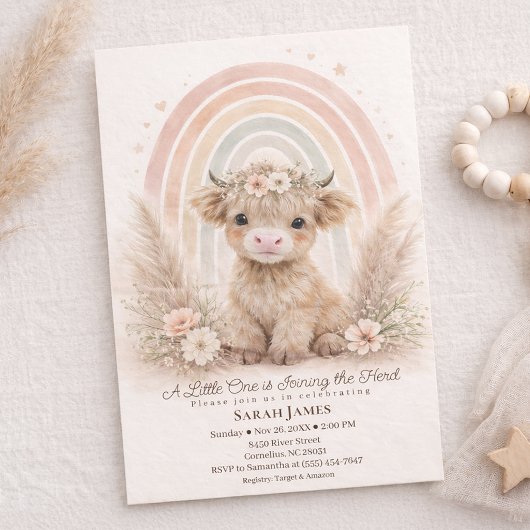Boho Highland Cow Neutral Rainbow Baby Shower Einladung