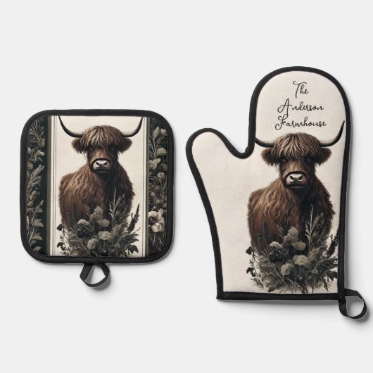 Boho Highland Cow Ofenhandschuh & Topflappen-Set (Vorderseite)