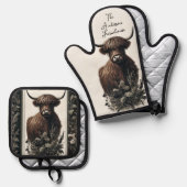 Boho Highland Cow Ofenhandschuh & Topflappen-Set (Vorderseite/Rückseite)