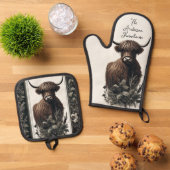 Boho Highland Cow Ofenhandschuh & Topflappen-Set (Oben Unten)