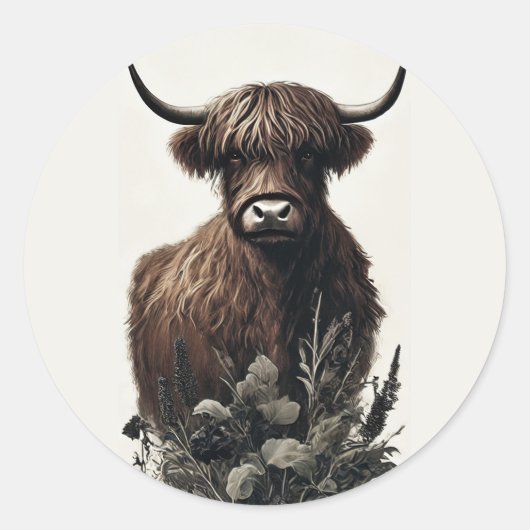 Boho Highland Cow Runder Aufkleber (Vorderseite)