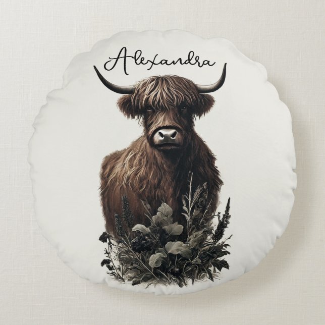 Boho Highland Cow Rundes Kissen (Vorderseite)