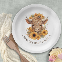 Boho Highland Cow Sunflowers Baby Dusche Pappteller