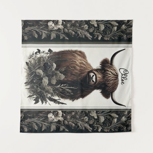 Boho Highland Cow Wandteppich (Vorderseite (Horizontal))