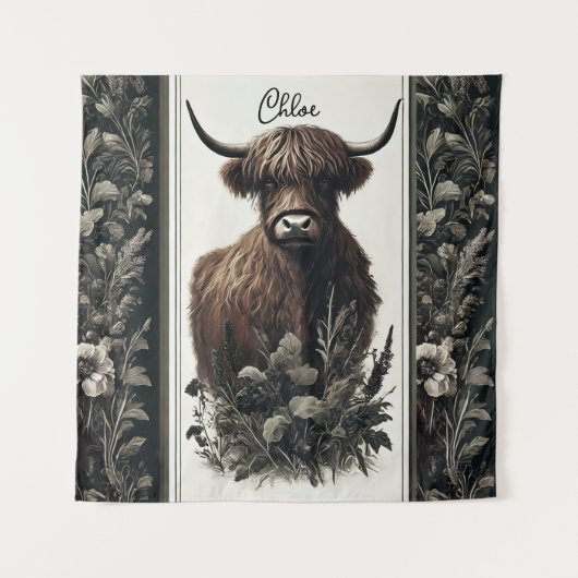 Boho Highland Cow Wandteppich (Vorderseite)