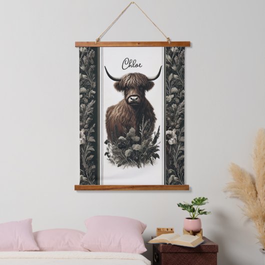 Boho Highland Cow Wandteppich Mit Holzrahmen (Schlafzimmer)