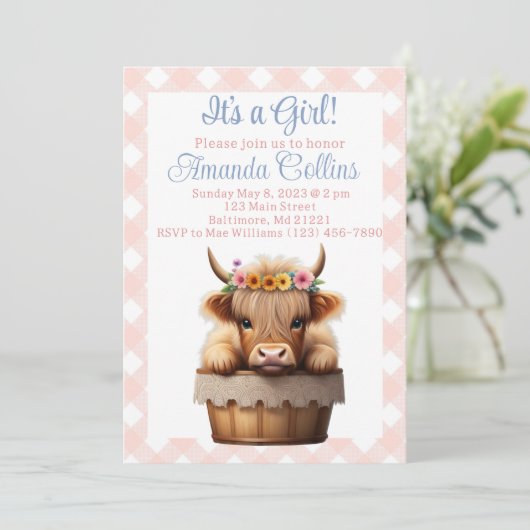 Boho Highland Kuh Blütendusche Einladung (Stehend Vorderseite)