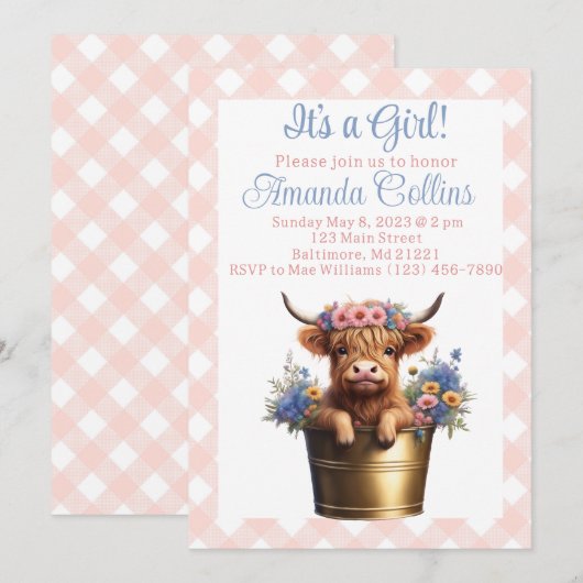 Boho Highland Kuh Blütendusche Einladung (Vorne/Hinten)