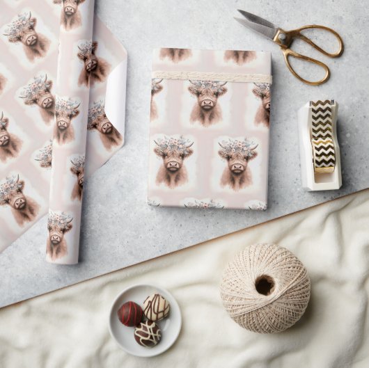 Boho Highland Kuh mit Blumenkopfteil Geschenkpapier (Kunsthandwerk)