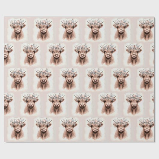 Boho Highland Kuh mit Blütenlaurel Geschenkpapier (Flach)