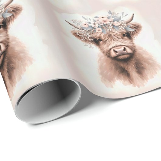 Boho Highland Kuh mit Blütenlaurel Geschenkpapier (Rolleneckpunkt)