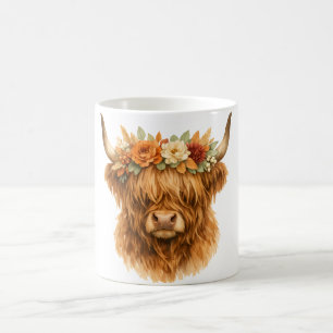 Boho Highland-Kuh-Wurfkissen mit floraler Krone Kaffeetasse