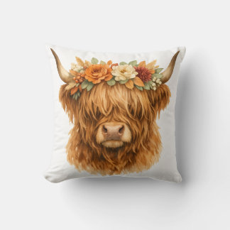 Boho Highland-Kuh-Wurfkissen mit floraler Krone | Kissen