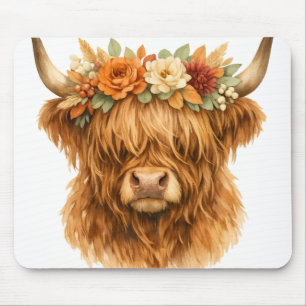 Boho Highland-Kuh-Wurfkissen mit floraler Krone   Mousepad