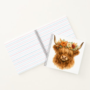 Boho Highland-Kuh-Wurfkissen mit floraler Krone Notizblock