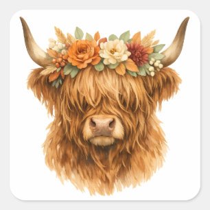 Boho Highland-Kuh-Wurfkissen mit floraler Krone Quadratischer Aufkleber