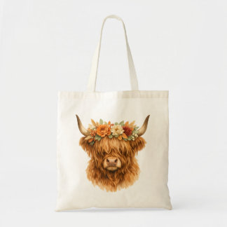 Boho Highland-Kuh-Wurfkissen mit floraler Krone | Tragetasche