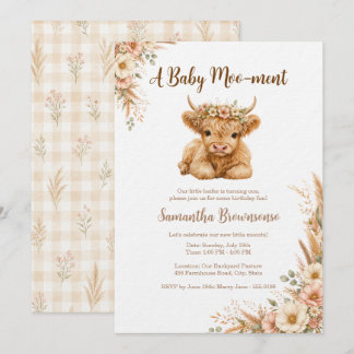 Boho Highland-Rind Gingham-Blumen-Geburtstag Einladung