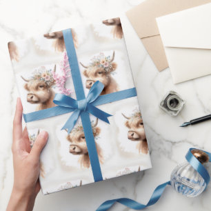 Boho Highland-Rind mit Brautblumen Geschenkpapier