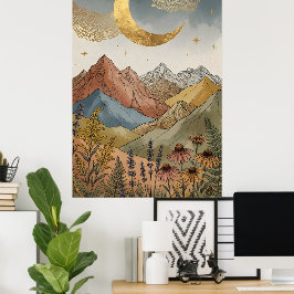 Boho Himmelgold-Halbmond-Berg Poster
