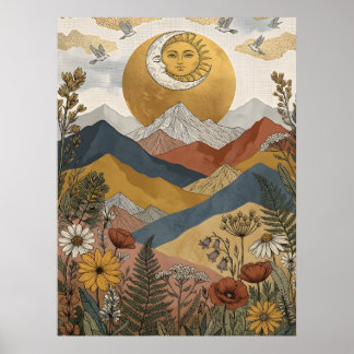 Boho Himmels-Sonne-Mond-Gesicht-Berg-Vögel Poster