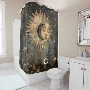 Boho Himmels-Sonne-Mond-Wildblumengarten Duschvorhang