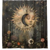 Boho Himmels-Sonne-Mond-Wildblumengarten Duschvorhang (Vorderseite)
