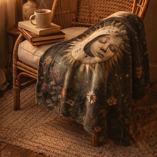 Boho Himmels-Sonne-Mond-Wildblumengarten Fleecedecke