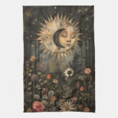 Boho Himmels-Sonne-Mond-Wildblumengarten Geschirrtuch (Vertikal)