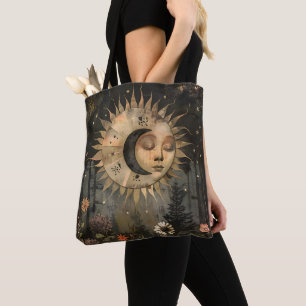 Boho Himmels-Sonne-Mond-Wildblumengarten Tasche