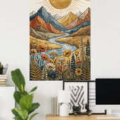 Boho Himmels-Sonnenstrahl Berg Fluss Lupine Poster (Heimbüro)