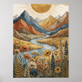 Boho Himmels-Sonnenstrahl Berg Fluss Lupine Poster