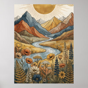 Boho Himmels-Sonnenstrahl Berg Fluss Lupine Poster