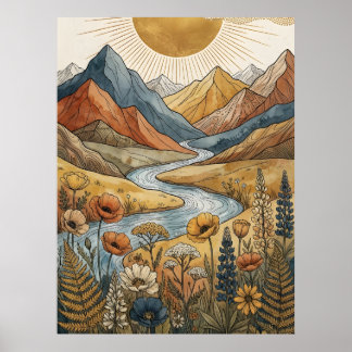 Boho Himmels-Sonnenstrahl Berg Fluss Lupine Poster