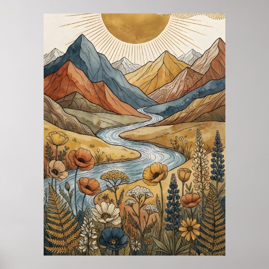 Boho Himmels-Sonnenstrahl Berg Fluss Lupine Poster (Vorne)