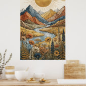 Boho Himmels-Sonnenstrahl Berg Fluss Lupine Poster (Küche)