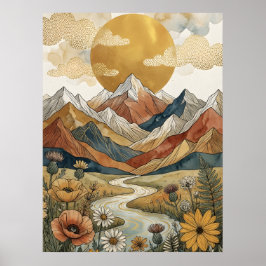 Boho Himmelsberg Fluss Sonne Wiese Poster