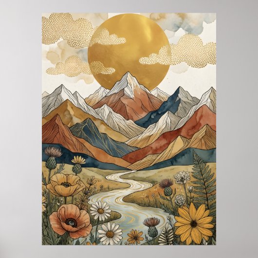 Boho Himmelsberg Fluss Sonne Wiese Poster (Vorne)
