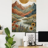 Boho Himmelsberg Goldfluss Sonnenblume Poster (Heimbüro)