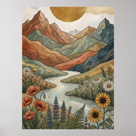 Boho Himmelsberg Goldfluss Sonnenblume Poster (Vorne)