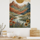 Boho Himmelsberg Goldfluss Sonnenblume Poster (Küche)