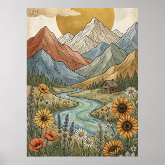 Boho-Himmelsberg-Hütten-Fluss-Sonnenblume Poster