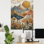 Boho Himmelsberg-Wildblumen-Sonne Poster (Heimbüro)